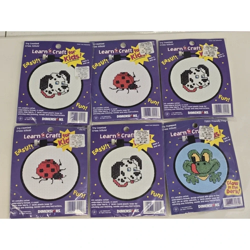Kids Counted cross Stitch lot of 6 - Green Frog , Dalmatian Dog & Ladybug - NEW